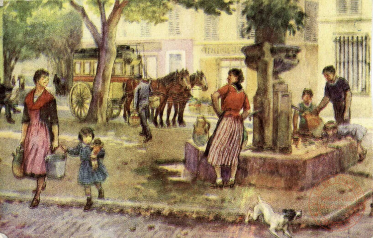 [Aquarelle, place avec une fontaine supposée être à Orléans]