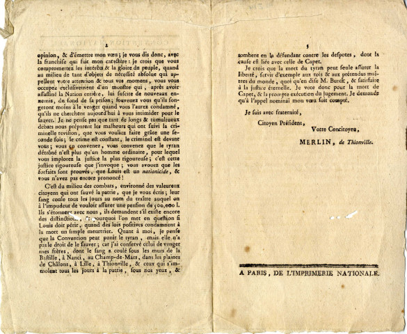 Lettre de Merlin de Thionville au Président de la Convention Nationale, concernant la condamnation à mort de Louis XVI 'le tyran