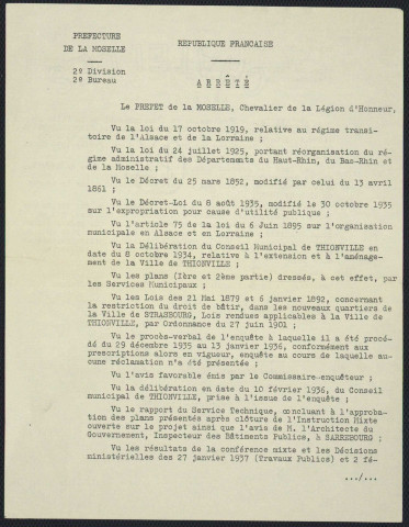 « PLAN D'EXTENSION DE THIONVILLE. 2ème PARTIE »/ dressé par le service d'arpentage en 1936 - Beauregard, Grande Saison, Thionville, St. François, Cokerie, Laminoirs, Fort Yutz.