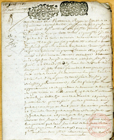 Bail de nef marchande qui reliait Thionville à Metz. Thionville, le 16/06/1707.