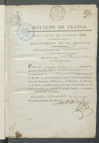 État civil : registre de naissances, mariages, décès (1818)