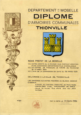 Diplôme du départment de la Moselle attribuant ses armoiries à la Ville de Thionville en 1950.