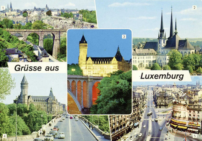 Gruss aus Luxembourg. Panorama,Cathédrale,Caisse d' Epargne ,Pont Adolphe, Avenue de la Liberté.