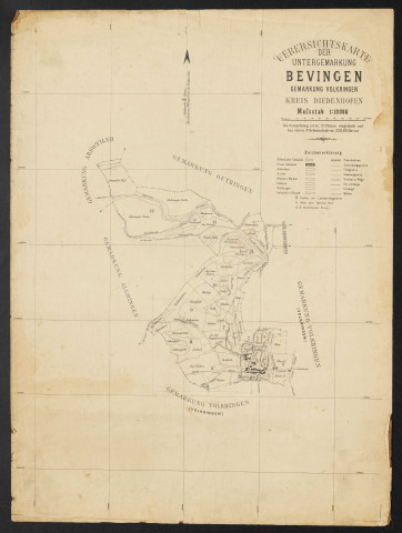 Uebersichtkarte der Untermarkung Bevingen Gemarkung Volkringen Kreis Diedenhofen Massstab 1:10000.
