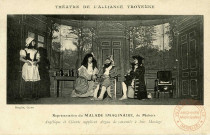 Théatre de l'Alliance Troyenne. Représentation du Malade Imaginaire, de Molière. Angélique et Cléante supplient Argan de consentir à leur Mariage.