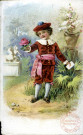 Enfant: gamin costumé tenant une rose.