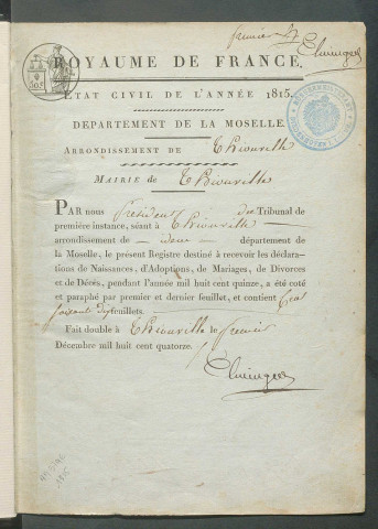 État civil : registre de naissances, mariages, décès (1815)