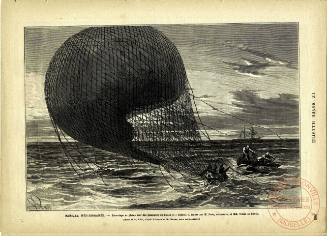 Dans la Méditerranée Sauvetage en pleine mer des passagers du ballon « Gabriel », monté par M. Jovis, aéronaute, et MM. Vivier et Alioth