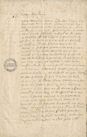 Lettre manuscrite envoyée de la ville de Luxembourg adressé "A mon cousin..." où il est fait état du siège de Thionville