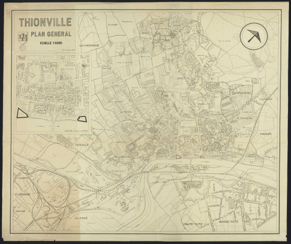 « THIONVILLE. PLAN GENERAL » / dressé par le Service d'urbanisme - Reproduction d'un plan mis à jour en 1964. En plus, un plan du centre ville au 2000e.