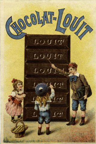 [Tablette de Chocolat-Louit]; [Jeune fille tenant d'une main un pot de fleur de lys et de l'autre une enveloppe cachetée]; [Mes meilleurs souhaits]