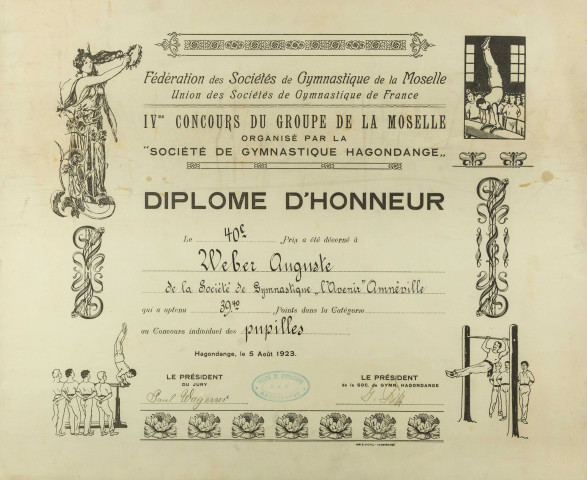 Diplôme d'honneur décerné à WEBER Auguste de la Société de gymnastique 'l'Avenir Amnéville' en 1923