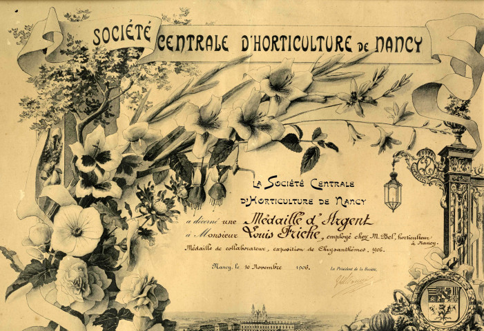Diplôme décerné en 1906 par la Société Centrale d'Horticulture de Nancy à Monsieur Louis Friche, employé chez M. Bel, horticulteur à Nancy