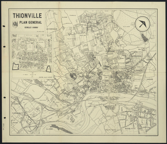 « THIONVILLE. PLAN GENERAL ».- Reproduction d'un plan mis à jour en 1958. En plus, un plan du centre ville au 4000e.