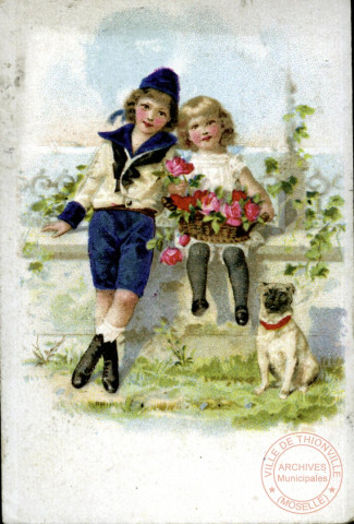 Enfant: garçon et fille, tenant des fleurs en compagnie d'un chien.