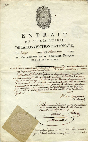 Extrait du procès-verbal de la Convention Nationale concernant Dubois Louis, chasseur d'une compagnie franche, pour l'obtention d'une pension,