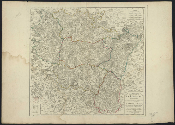 CARTE DE LA LORRAINE OU L'ON A DISTINGUE LE PAYS MESSIN, LE VERDUNOIS ET LE TOULOIS ; LE BARROIS ET L'ALSACE AVEC LES ROUTES, LES ANCIENNES DIVISIONS ET LES NOUVELLES EN DEPARTMENTS. PAR C.F. DELAMARCHE GEOGRAPHE ET SUCCESSEUR DE ROBERT DE VAUGONDY