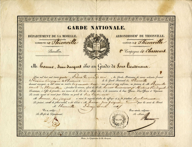 Diplôme de la Garde Nationale concernant le sous-lieutenant Hanne Jean-Jacques