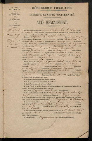 RECRUTEMENT DE L'ARMEE.- Enrôlement volontaire : registre d'actes d'engagement nominatifs et signalétiques (1850-1855)