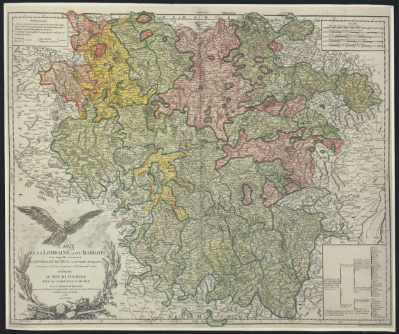 CARTE DE LA LORRAINE ET DU BARROIS DANS LAQUELLE SE TROUVENT LA GENERALITE DE METZ ET AUTRES ENCLAVES. DRESSEE POUR LA LECTURE DU MEMOIRE DE M. DURIVAL L'AÎNE, ET DEDIEE AU ROY DE POLOGNE DUC DE LORRAINE ET DE BAR. PAR LE Sr. ROBERT DE VAUGONDY GEOG. ORD. DU ROI, ET DE SA MAJESTE POLONAISE ASSOCIE DE L'ACADEMIE ROYALE DES SCIENCES ET BELLES-LETTRES DE NANCY