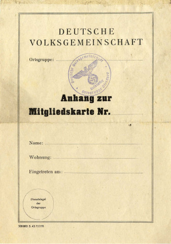 Document de cotisation concernant la Deutsche Volksgemeinschaft