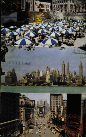 World renown scenes of New York City.Sunken Plaza in Rockefeller Center,The famous New York Skyline and Broodway-Times Square.