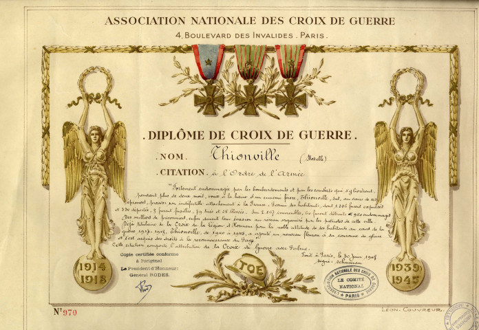 Diplôme de Croix de Guerre conférée à la ville de Thionville en 1948