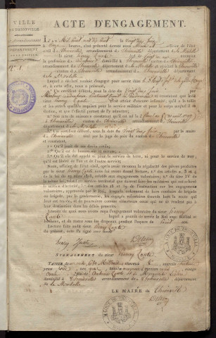 RECRUTEMENT DE L'ARMEE.- Enrôlement volontaire : registre d'actes d'engagement nominatifs et signalétiques (1818-1822)