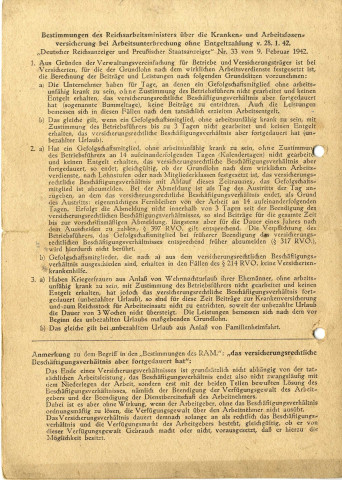 Bearbeitungstabelle nach den Bestimmungen des Reichsarbeitministers über die Kranken und Arbeitslosenversicherung bei arbeitsunterbrechung ohne Engeltfortzahlung [Tableau de traitement selon les règlements du ministère du Travail du Reich sur l'assurance maladie et l'assurance chômage en cas d'interruption de travail sans maintien du salaire], 1942.