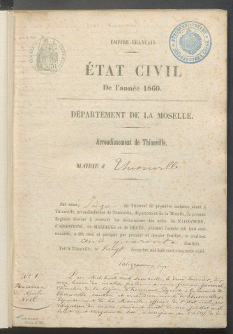 État civil : registre de naissances, mariages et décès (1860)