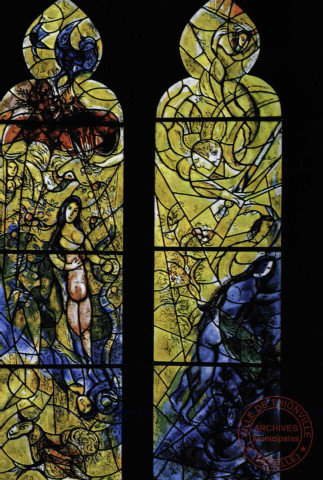 Cathédrale de Metz - Vitraux 1964 - Transept Nord, Côté Est - Droite: Adam et Eve chassés du Paradis - Gauche: Eve et le serpent - Exposition Marc Chagall Grand Palais - Paris