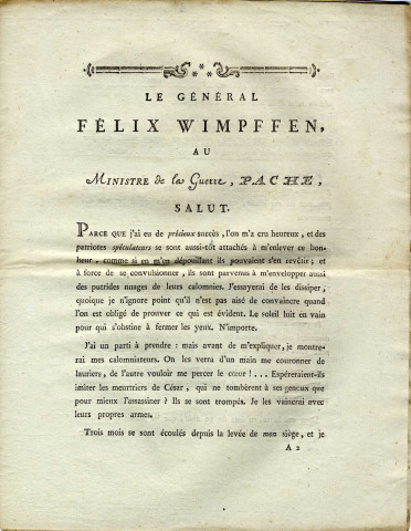 Imprimé intitulé 'Lettre du général Félix Wimpffen, au ministre Pache', papier, 6 f°, impr. à Caen chez G. Le Roy, 1793.dim. 24,5 x 19 cm.
