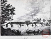 [Reproduction d'une gravure de Thionville, avec son pont couvert, la porte du pont de la Moselle, l'église Saint-Maximin et le Beffroi]