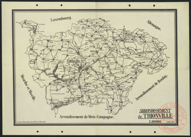 « ARRONDISSEMENT DE THIONVILLE ».- Reproduction d'une carte réalisée en 1945 par A. Veltz. - Thionville, Sierck, Metzervisse, Moyeuvre-Grande, Rédange.