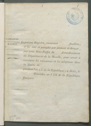 État civil : registre de naissances, mariages, décès (1801)