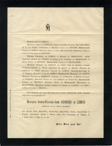 Avis de décès de Joseph-François-Aimé Georges de Lemud.