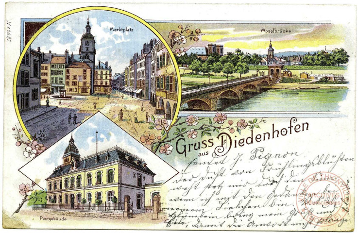 Gruss aus Diedenhofen - Moselbrücke - Marktplatz - Postgebäude