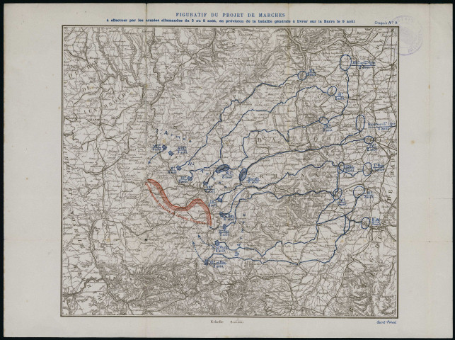 FIGURATIF DU PROJET DE MARCHES à effectuer par les armées du 3 au 8 août, en prévision de la bataille générale à livrer sur la Sarre le 9 août. Croquis N°4