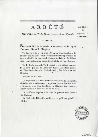 Octroi de Thionville. Arrêté du préfet du département de la Moselle (1812)