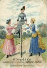 Deux jeunes femmes brandissant un vélo Penny Farthing tandis que la troisième est assise sur la selle