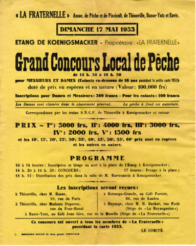 Affiche du concours local de pêche oarganisé par l'Association "La Fraternelle" (17 mai 1953)