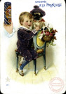 Enfant: garçon assis, tenant un chien et un bouquet d efleurs.