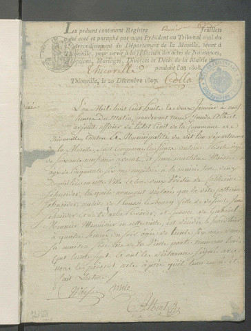 État civil : registre de naissances, mariages, décès (1808)