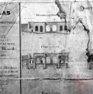 Thionville 1853, coupes et élévations de la porte du pont de la Moselle, élévation intérieure et coupe - Extrait de "Atlas des bâtiments militaires", génie, région de Metz
