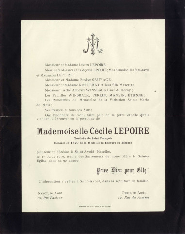 Faire-part de décès de Mademoiselle Cécile Lepoire Tertiaire de Saint François, décorée en 1870 de la Médaille de Secours au blessé, décédée à Saint-Avold (1919).