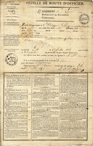 Feuille de route du chef de bataillon du 17e régiment de ligne Philippe Georges se retirant dans ses foyers à Thionville