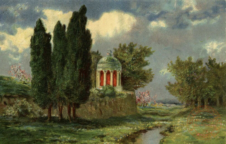 [Paysage avec un kiosque surmontant une butte de terre]