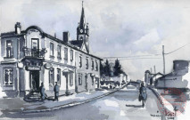 [Aquarelle de Rémy Kail représentant le bar et l'église de Distroff, à l'angle de la Grand Rue et de la rue de l'Eglise]