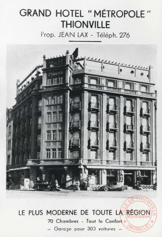 Publicité pour l'hôtel Métropole (propriétaire Jean Lax), 10 rue Maréchal Joffre, dans les années 1930.