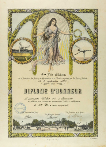 Diplôme d'honneur décerné au gymnaste WEBER Nic. à Amnéville lors de la 4ème fête athlétisme de la Fédération des Sociétés de Gymnastique de la Moselle organisée par 'Le Retour-Forbach' le 2 septembre 1923.